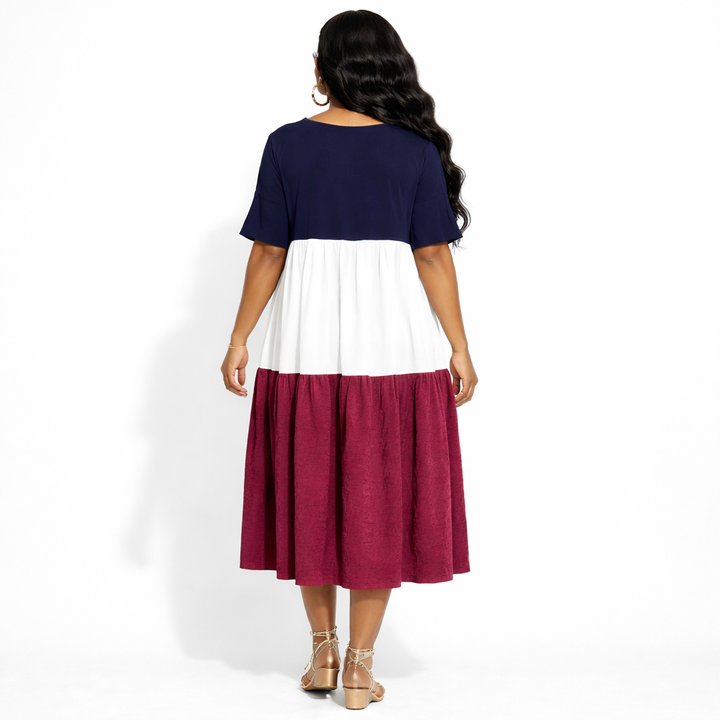 Colorblock Tiered Midi Dress with Ruffle Sleeves